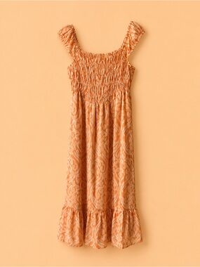 Sadie & Sage Orange Smocked Midi Dress with Ruffle Hem